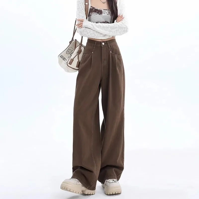 

Women Jeans Wide Leg Pants Denim Washing High Waist Loose Fit Pockets Basics Full Length Pants Solid Color Slight Strech 2025