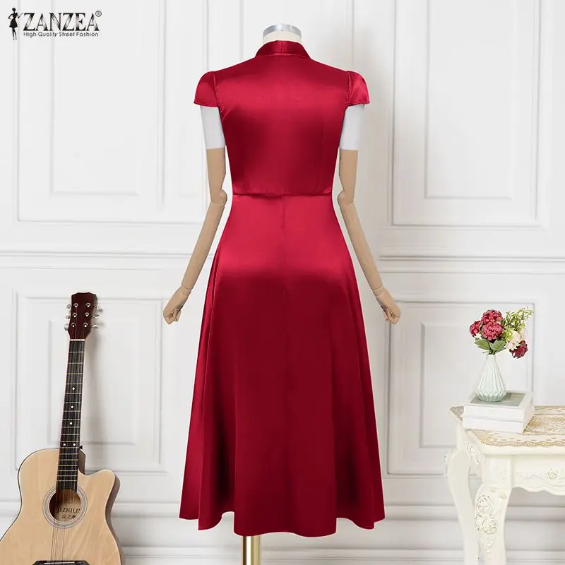 ZANZEA Elegant Satin Party Dress for Woman V-Neck Short Sleeve Fit and Flare Evening Long Dresses Sophisticated Maxi Robes Femme