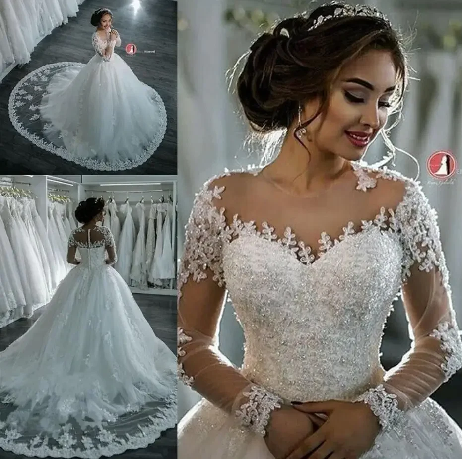 Customized Dubai Elegant Long Sleeves A-line Wedding Dresses Sheer Crew Neck Lace Appliques Beaded Vestios De Novia Bridal Gowns