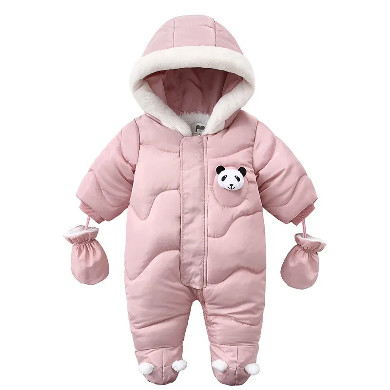 UNIFEMEN Infant Girls Winter Bodysuit Panda Patched Hooded Solid Plus Velvet Thickened Parkas For Newborn Boy Baby Girls Outfits