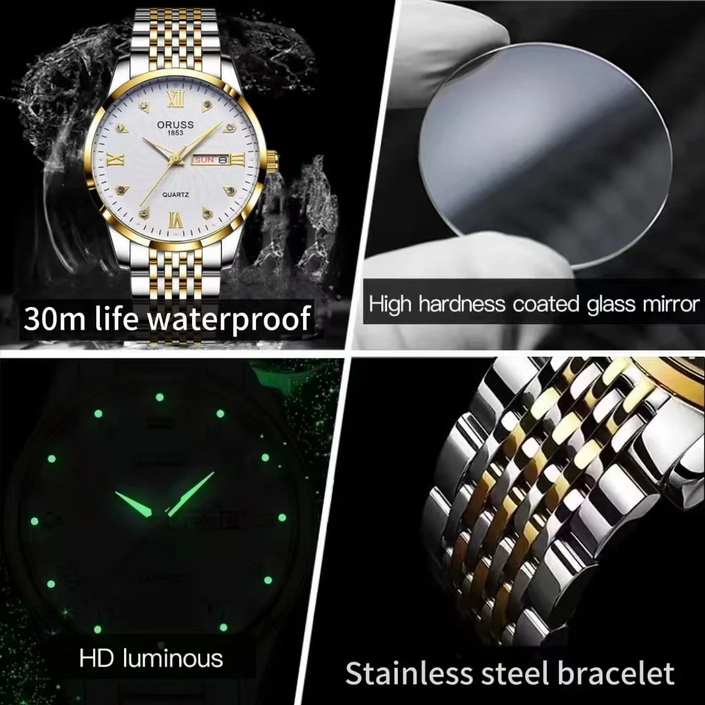 ORUSS Original Luxus Quarz Leuchtende Uhr herren Uhr für Männer Freeshiping Mode Armbanduhren Edelstahl Wasserdicht Neue