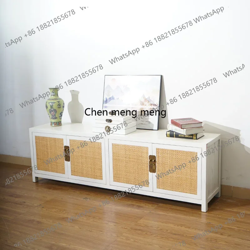 

Solid wood TV cabinet design Living room locker Simple modern woven door panel decorative cabinet