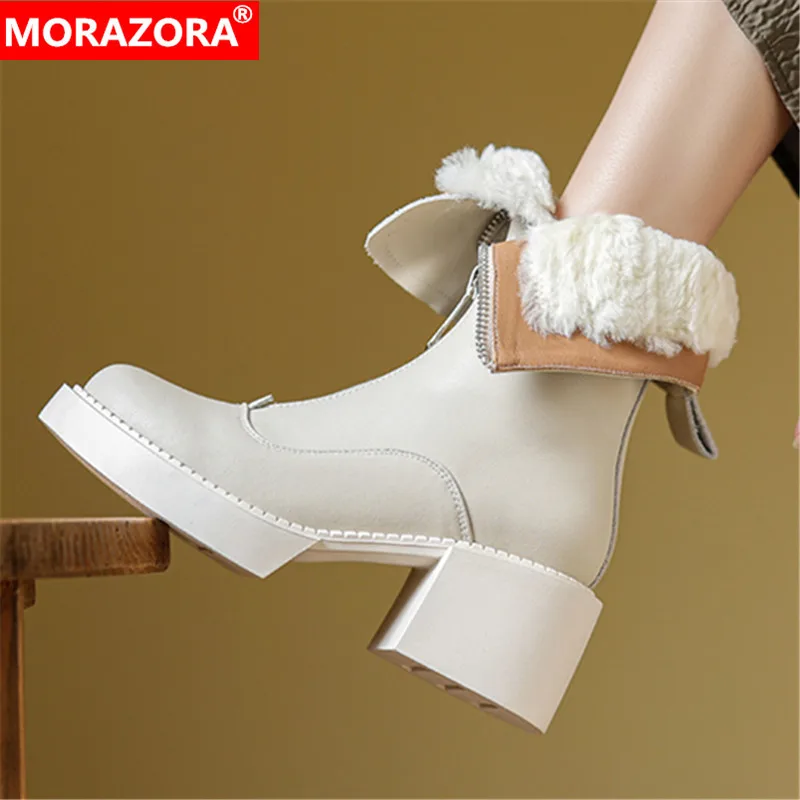 MORAZORA 2024 New Genuine Leather Concise Winter Boots Woman Nature Wool Snow Boots Zipper Ladies Platform Ankle Boots