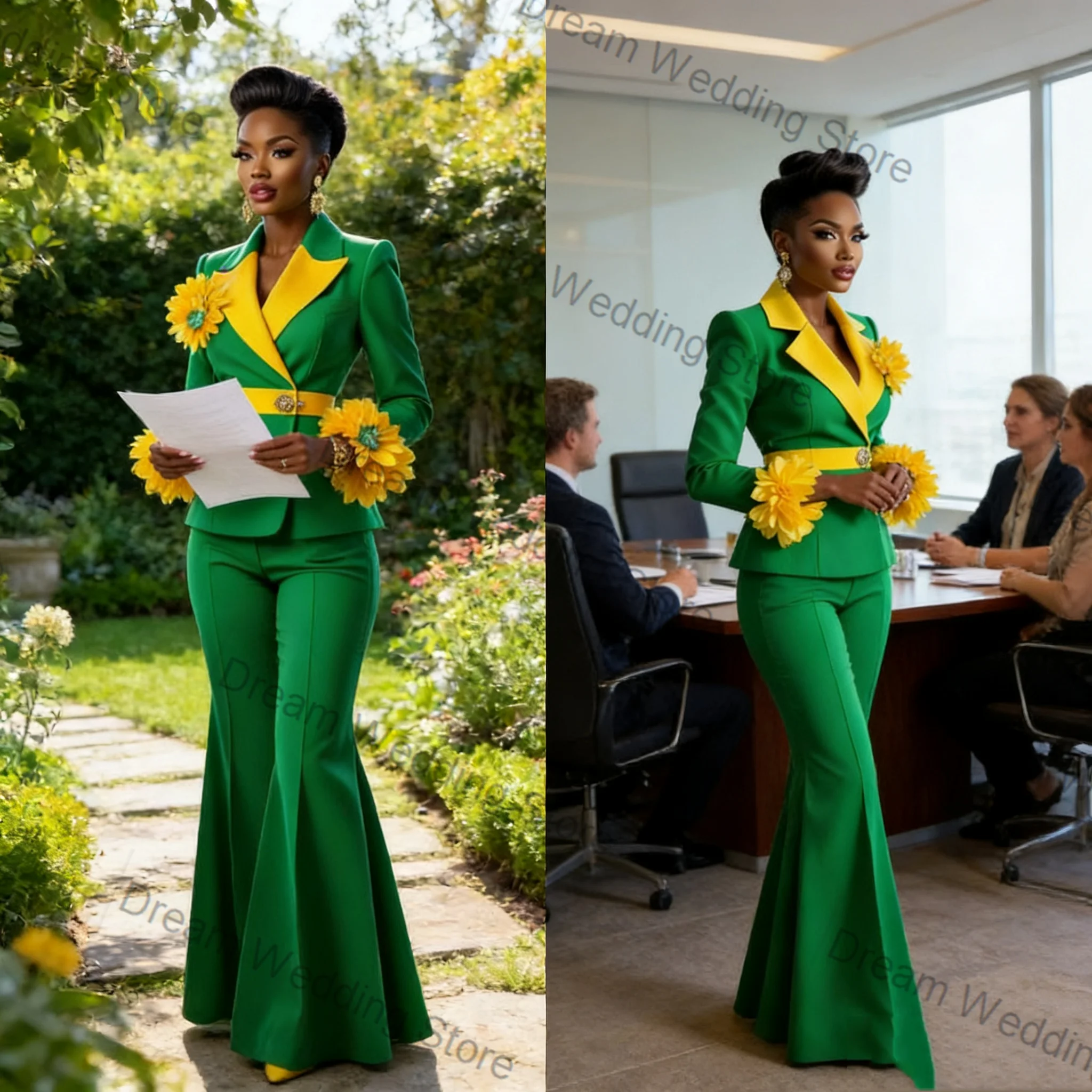 

Green Yellow Women Suit Set 2 Pcs Blazer+Pants Trousers 3D Flower Spring Formal Office Lady Jacket Customized Wedding Guest Coat