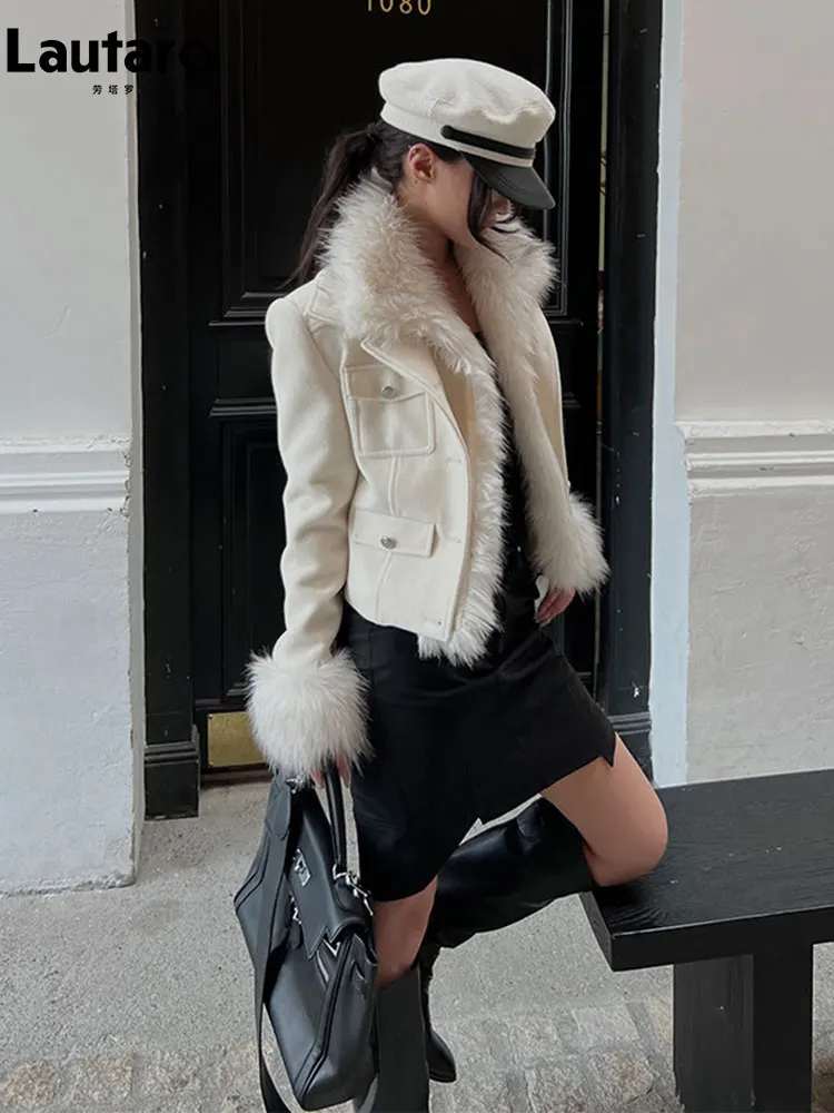 

Lautaro Autumn Winter Short Fitted Thick Warm Woolen Coat Women with Faux Fur Trim Luxury High Quality Elegant Fluffy Jacket