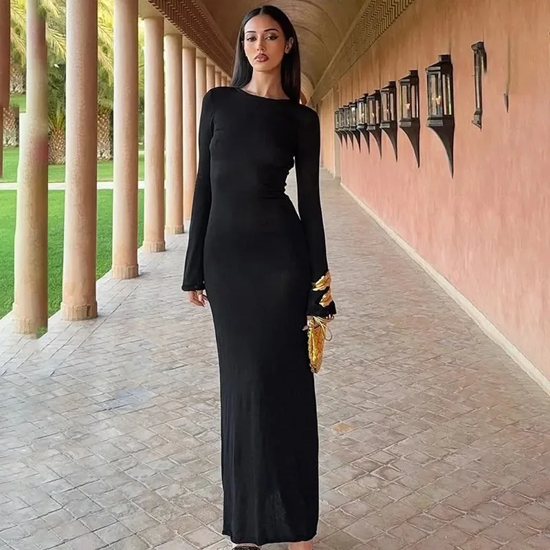 

2025 New See Through Sexy Backless Lace Up Long Dress Women Autumn Elegant Black High Waist Long Sleeve Dress Vacation Clubwear