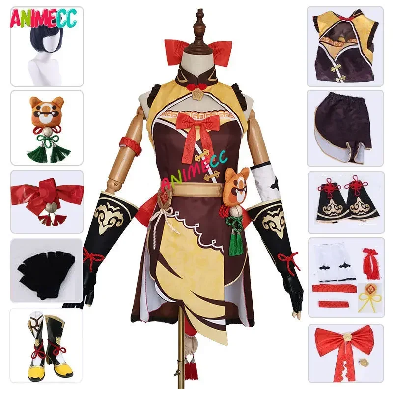 ANIMECC-Xiangling Cosplay Costume com Peruca para Mulheres e Meninas, Genshin Impact, Jogo de Anime, Halloween Party Outfit, em Estoque, S-XL