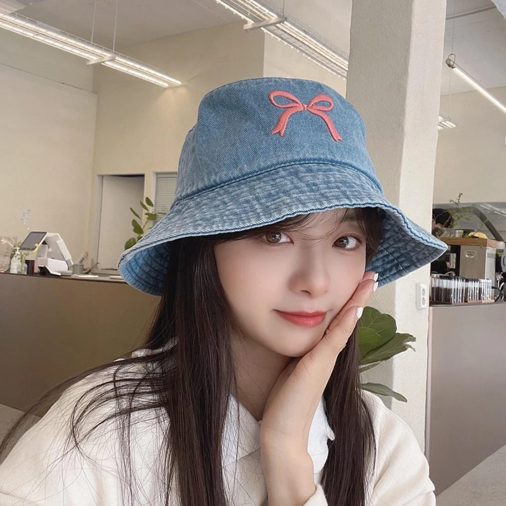 

Fashion Shiny Hip-Hop Bucket Hat Outdoor Summer Fisherman Cap Retro Sun Hat Girls Korean Bow Strap Denim Embroidered Sunbonnet