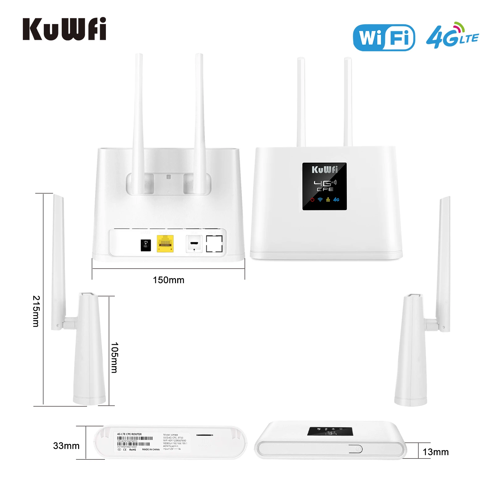 Kuwfi Router 4G Lte 150Mbps 4G Sim Wifi Router Modem Unlocked Met 2 Stuks Externe Antennes Wan/Lan Poort Sim Card Slot Btw Omvatten