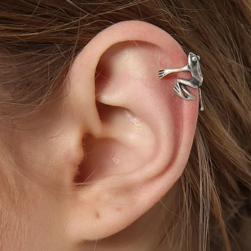 Punk Retro Silberfarbene Niedliche Frosch-Ohrringe für Frauen, Gothic-Stil, Lustige Tier-Persönlichkeits-Ohrclips, Geeignet für Partys, Schmuck, Witzige Geschenke