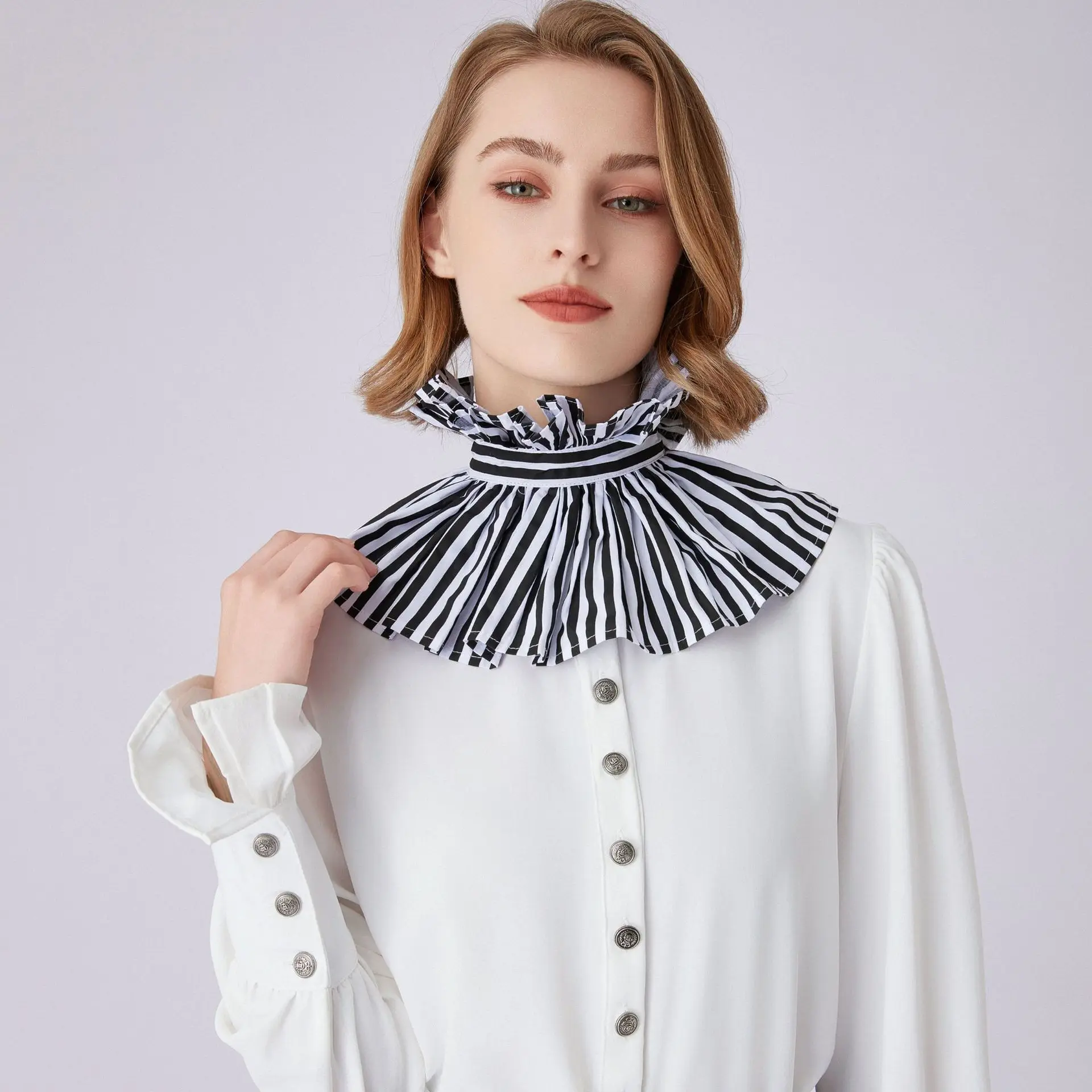 French Style Black White Striped Tie High Neck False Collar Vintage Ruffled Doll Collar Neckwear for Women view 2