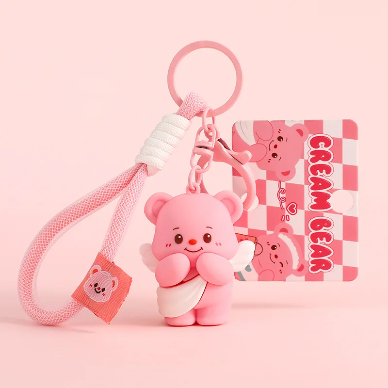 Cute Apricot Color White Gauze Angel Butter Bear Carry Handbag Keychain Hanging Pink Wearing Apron Winking Bear Doll Key Chain image 2