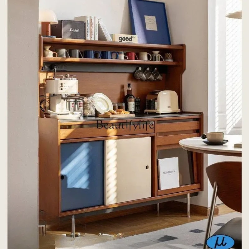 

03.Medieval solid wood dining side cabinet integrated against the wall retro storage modern simple slab storage storage cabinet