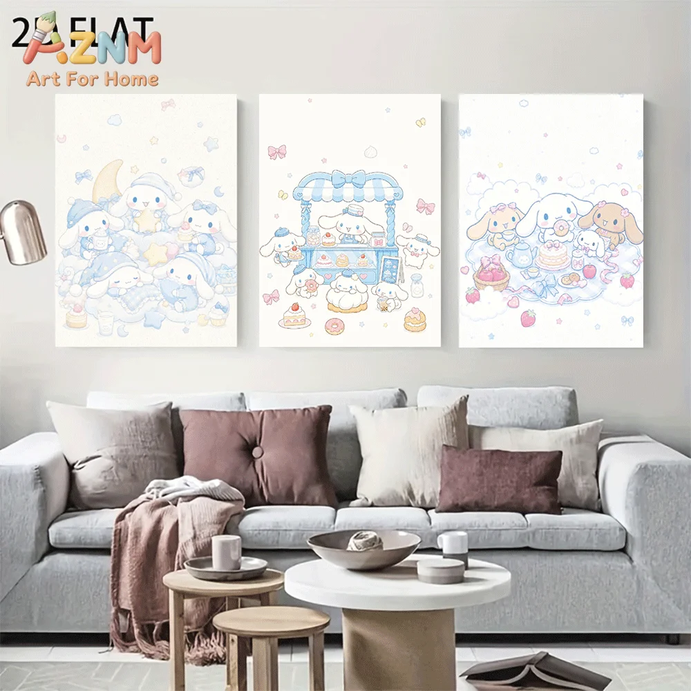 AZNM Cinnamoroll Canvas Wall Art Unframed Cute Cartoon Print Poster Sweet Dessert Cart Cake Donut Strawberry Moon Star Bow Desig