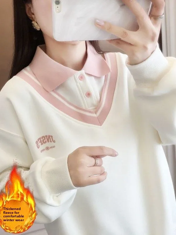 

Женская толстовка больших размеров с эффектом двухслойности, осенне-зимняя, утепленная, повседневная, в корейском стиле, с длинным рукавом