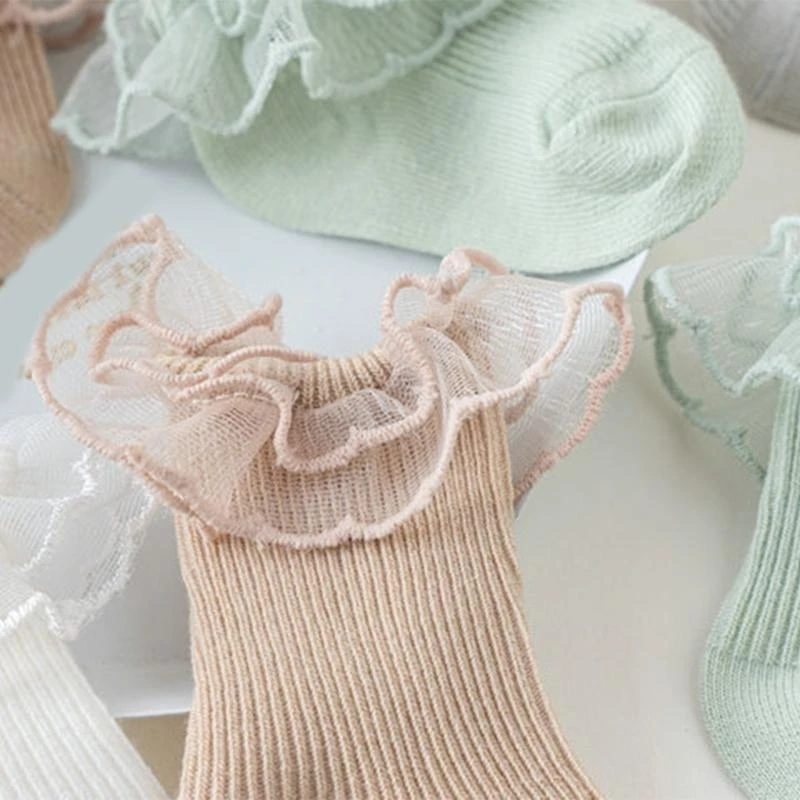 R66D Lace Trim Socks for Baby 0-2Y Fashion Cotton Hosiery Soft Stretchy Warm Socks