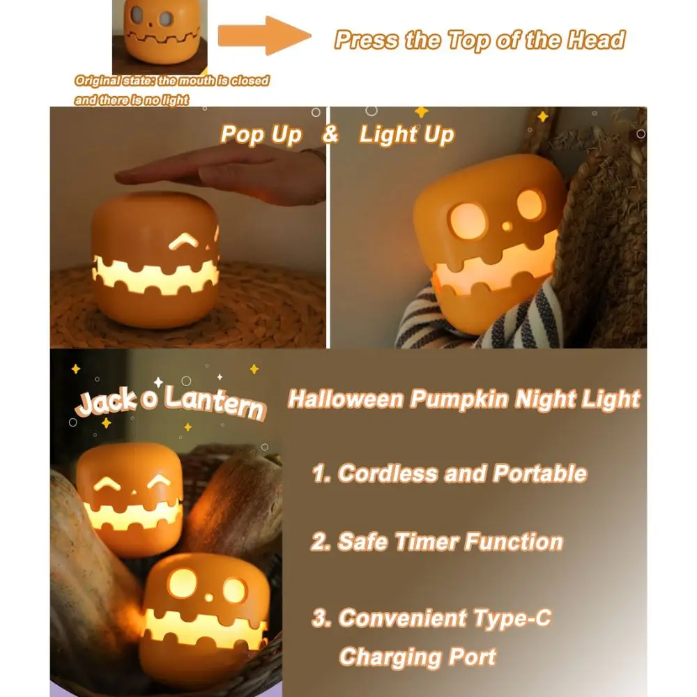Halloween Ghost Pumpkin Lights Rechargeable Orange LED Nightlights With Smiling Face With Timer Function Nightstand Lamp