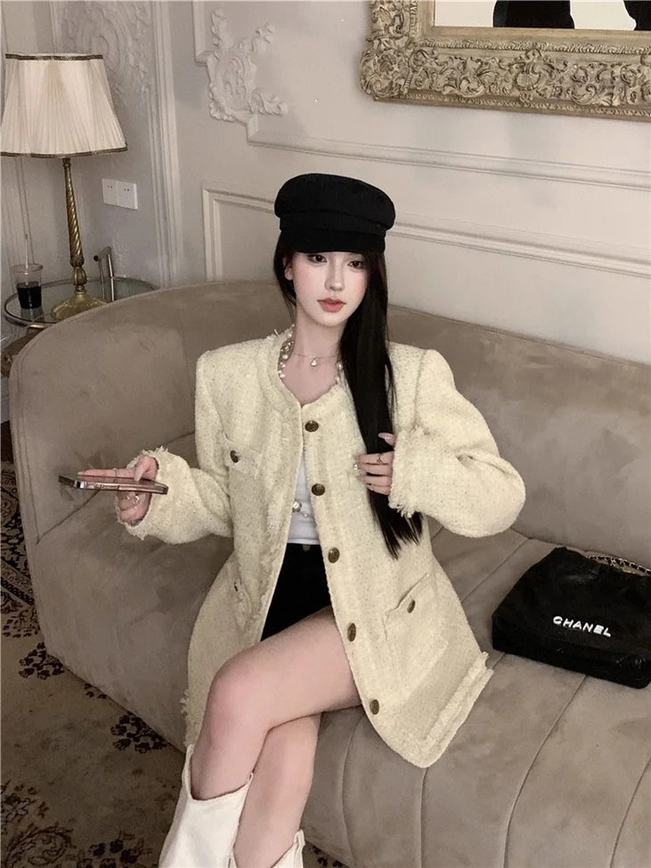 

Retro Button Long Sve Woolen Coat Women's Autumn New Loose Coarse Tweed Top Korean Sle Commute Faion 8-24 Years Old