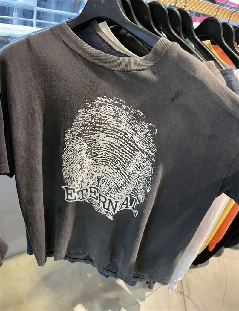 

Black Washed Saint Michael Short sleeve Men Women Top Quality Casual Pure Cotton Fingerprint Printing Shirt