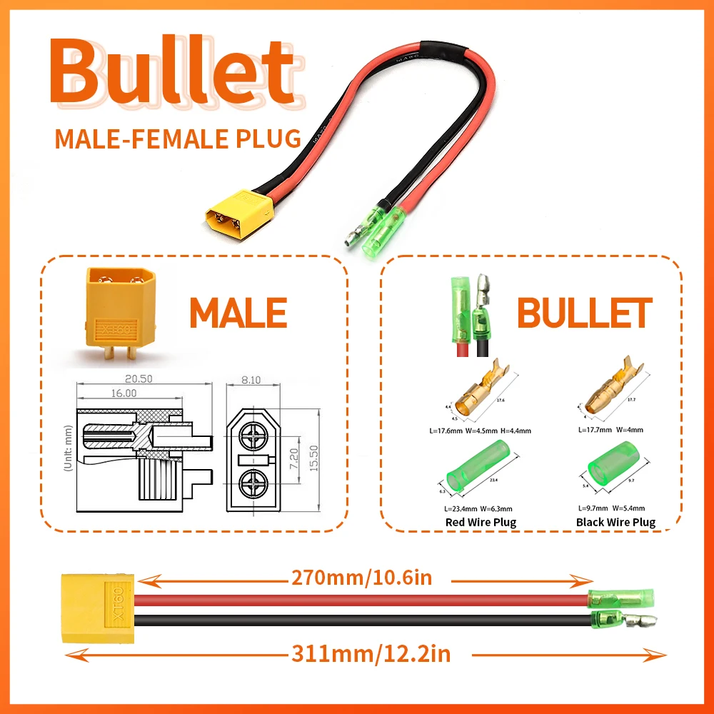 Electric Bike Battery Cable Adapter PP30/XT60/Bullet Battery Connector for Ebike Battery Cable Electric Bicycle Accessories