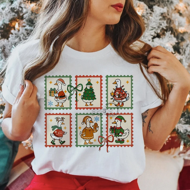 

Christmas Goose Stamp Printed T-Shirt Women's White Round Neck Short Sleeve Cute Duck Festival Pattern Christmas Gift T-Shirt