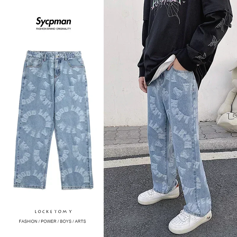 Jacquard Jeans Blue Mens Loose Straight Leg Long Pants Streetwear Baggy Denim Clothing Graphic Y2k Men’s Jean