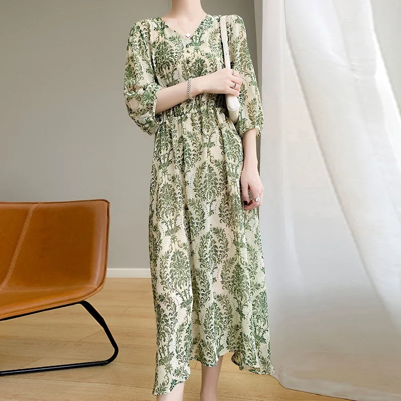 Ele Acétate Satin Dr Femme Été 2025 Nouvelle jupe mi-longue amincissante à la taille avec décolleté en V confortable longue Sve Floral...