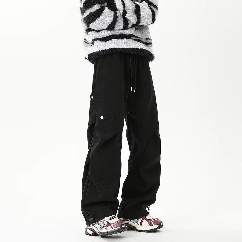 

Men Retro Solid Color Cargo Pants Men's Drawstring Loose Straight Trousers Male Spring Long Casual Streetwear Plus Size 3Xl