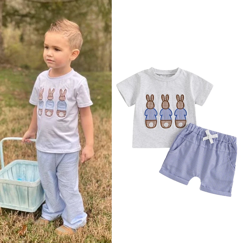 FOCUSNORM 0-3Y Casual Infant Baby Boys Easter Clothes Sets Short Sleeve Rabbit Embroidery T-Shirt + Shorts Set