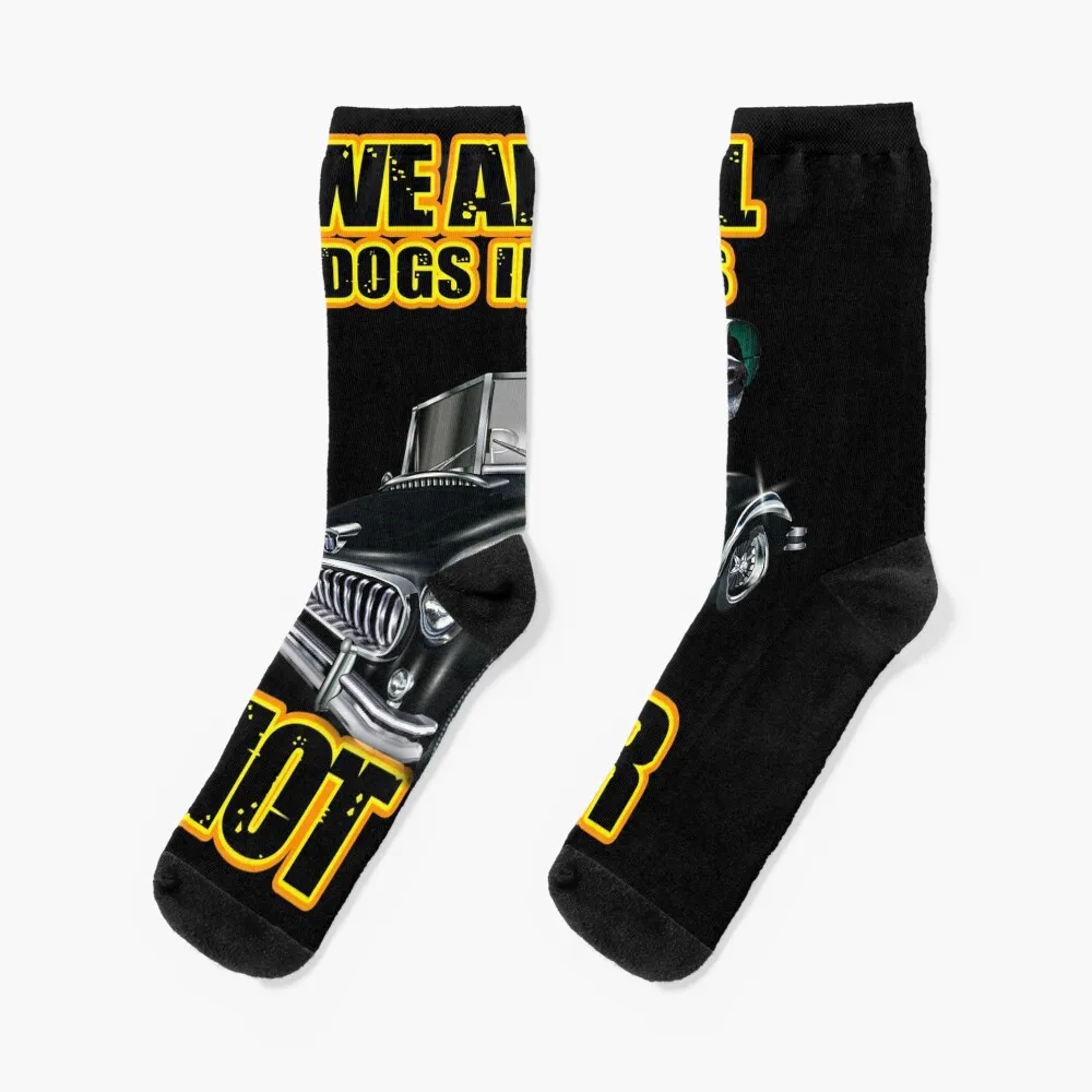 

We Are All Dogs In God's Hot Car Funny Dog in car Socks Men's colored luxe basketball Socks Men Women's