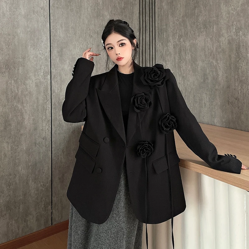 

Women's 3D Rose Decor Purple Oversized Blazer, Elegant Loose Fit Suit Jacket, Fashion Y2K Streetwear Casual Office Outerwear for