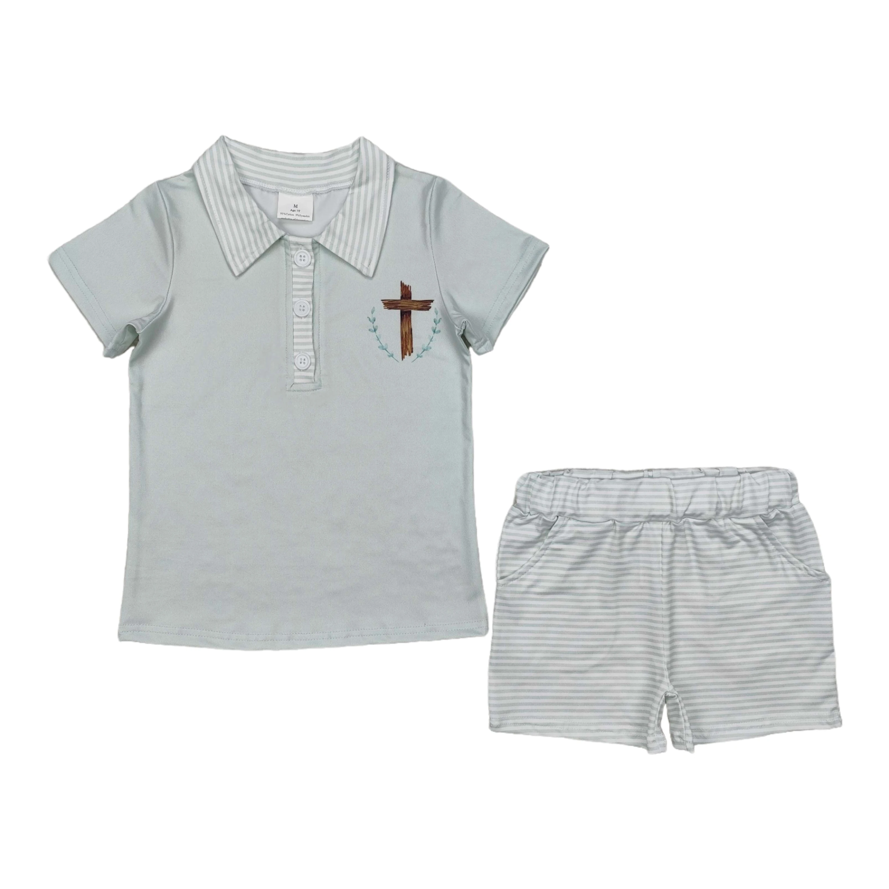 

Wholesale Toddler Easter Clothes Set Kids Button Lapel Cotton Tops Beige Stripes Shorts Children Spring Outfit Baby Boy Clothing