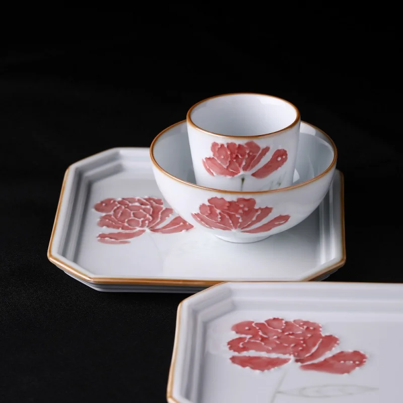 ★Jingdezhen Imitation Song Carving Lotus Flower Red Pattern Light Relief Large Tray Tea Tray Home Storage Tableware Set