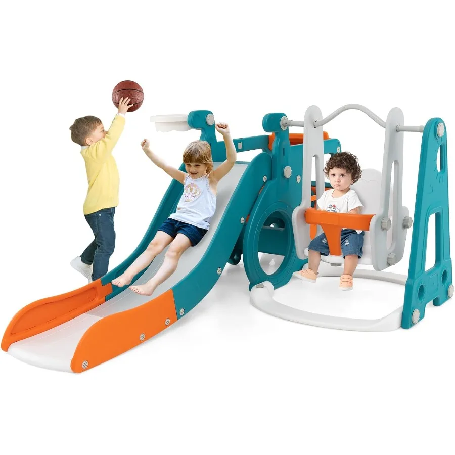 6 in 1 Toddler Slide and Swing Set Indoor Outdoor Bus Playset Gym with Baby Swing Basketball Hoop Crawling Tunnel Climber Play