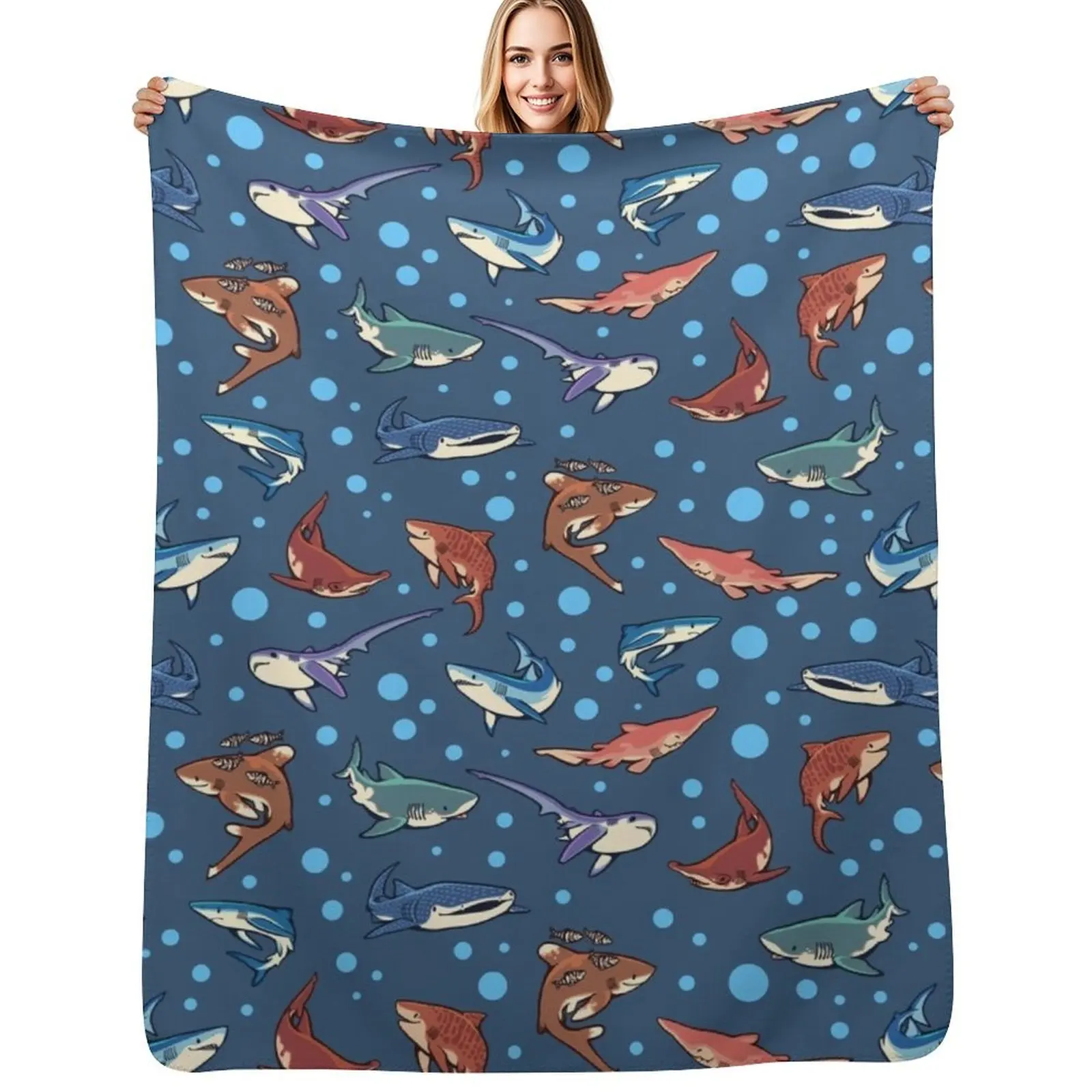 

Sharks in the dark blue Throw Blanket Cozy Napping Blanket Gift for Mom Dad