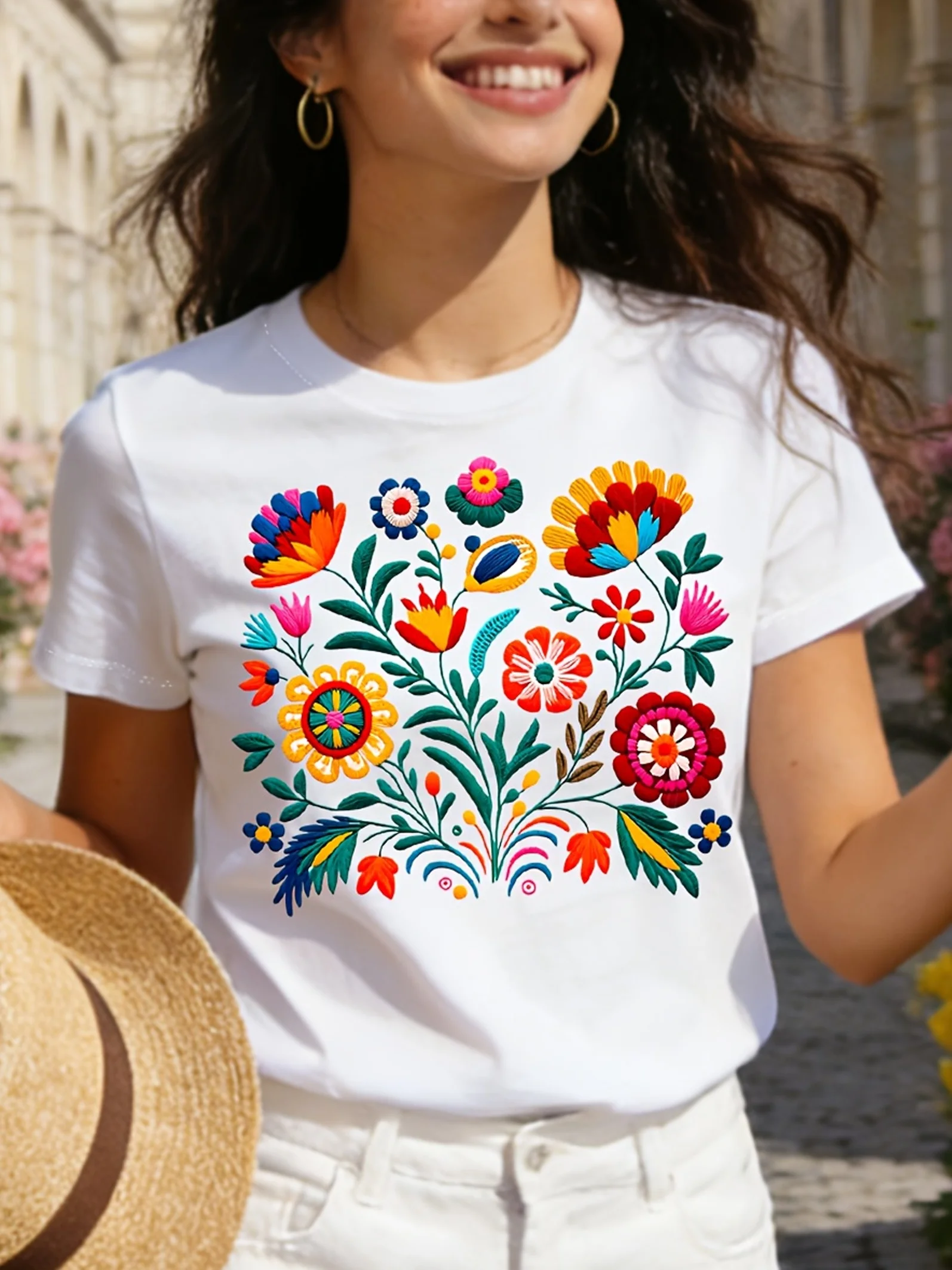 Women's T-shirt Adorned with Mexican Flowers—a Vibrant Folk Art Design, Black Casual Top.graphic T Shirts Women Clothing Y2K Top