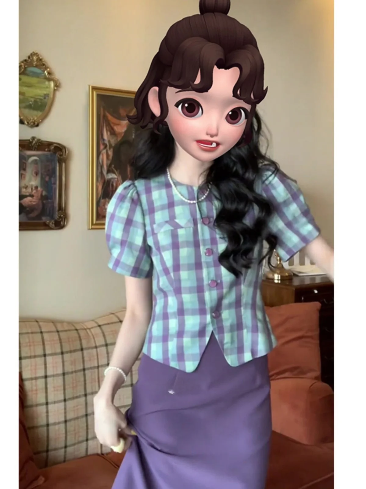 

Модный комплект из двух предметов в клетку: топ и юбка для женщин, молодежный и элегантный летний наряд с круглым вырезом на пуговицах, короткий рукав.