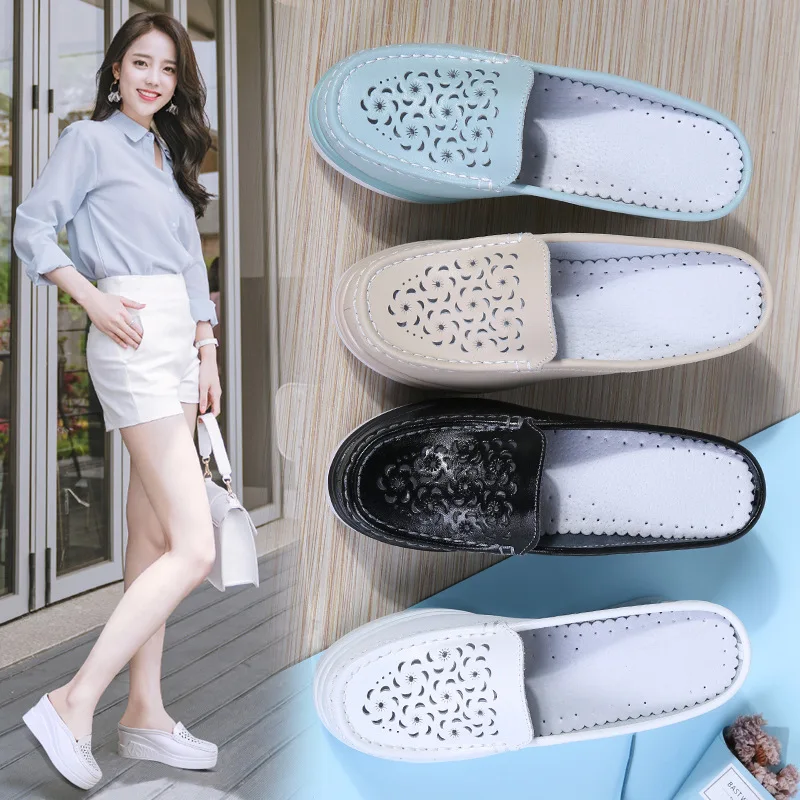 Spring new Summer Women Platform Slipper pattern Floral Flats Breathable Leather Casual Shoes Slip-on comfortable Nurses shoes