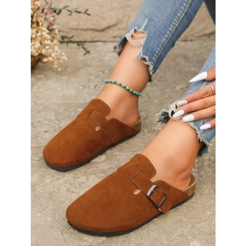 Autumn Women\'s Flat Cork Clogs Shoes Fashion Closed Toe Suede Platform Slippers for Women Outdoor Casual Slides Shoes Zapatos