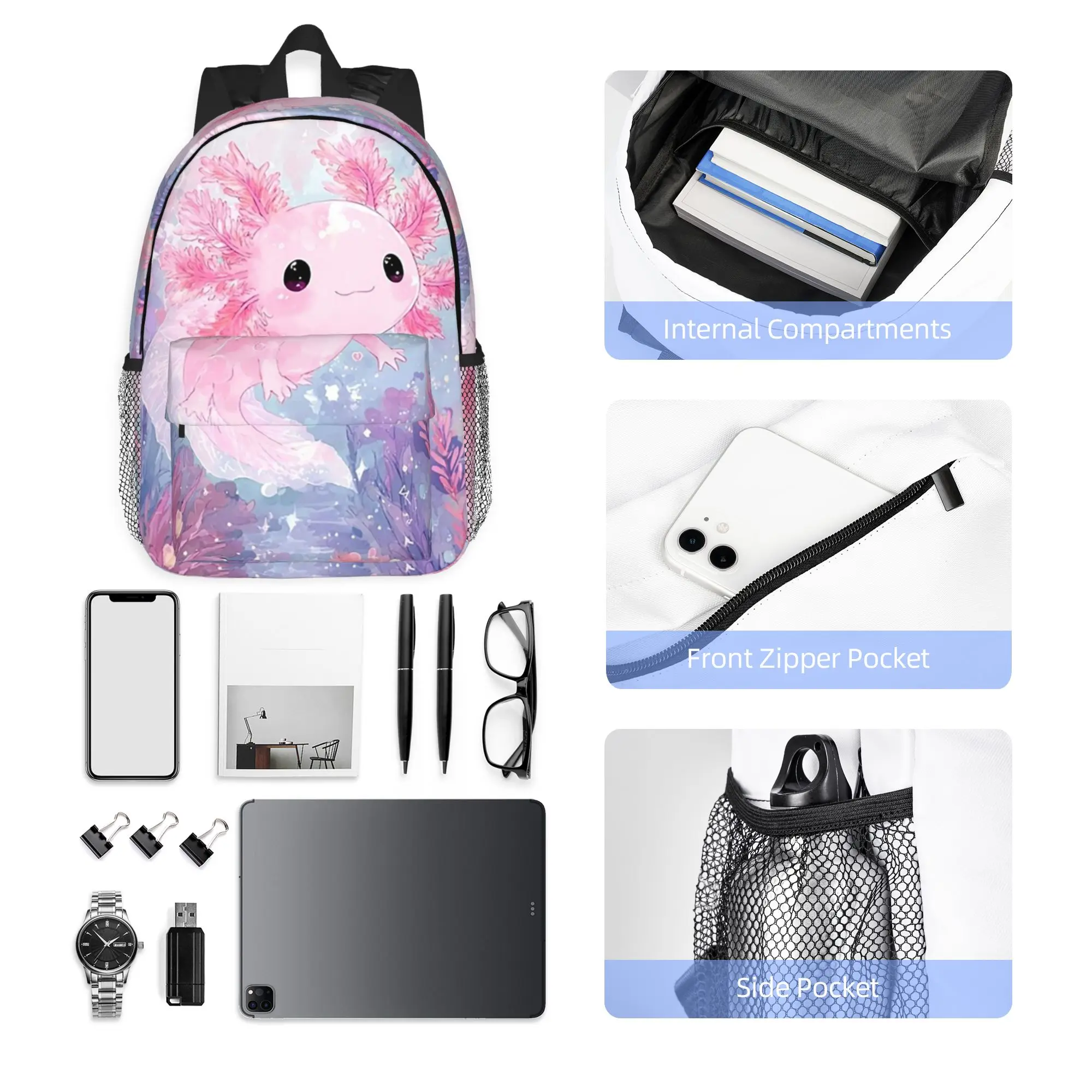 Cute Cartoon Axolotl In Coral Reef  Backpack Hot Sale Daypack Boys Girls BookBag Shoulder Bags for Men Women School Bag