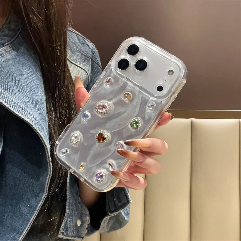 الكورية اللون الأحجار الكريمة الراتنج لطيف قضية الهاتف آيفون 17 برو 16 15 14 برو ماكس للصدمات حالات ل أبل 17 برو ماكس غطاء فوندا
