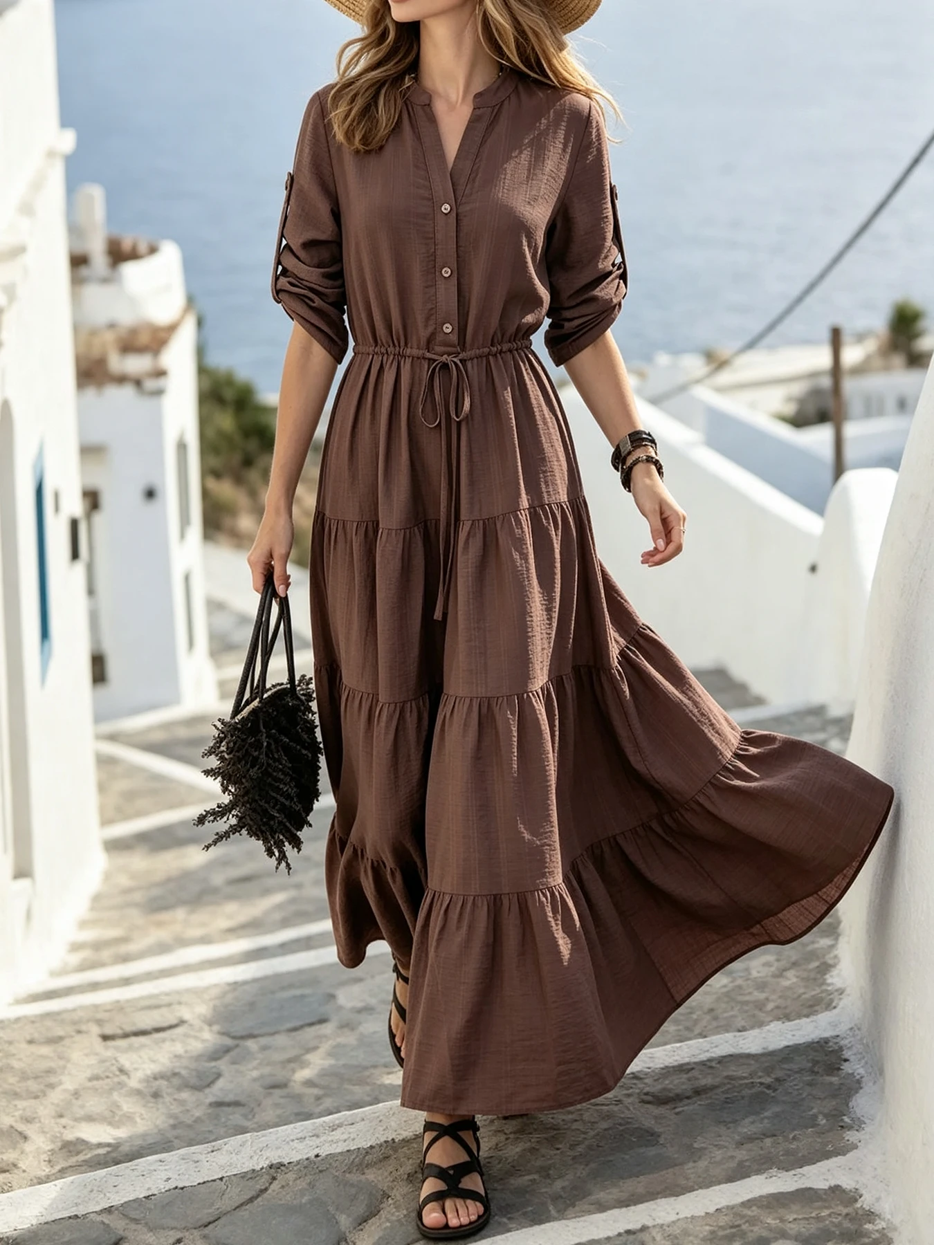 Solides Maxikleid mit Stehkragen, teilweise Knopfleiste, Roll-Tab-Ärmeln, Kordelzug an der Taille und gestuftem Rüschensaum für Damen – Detail 2