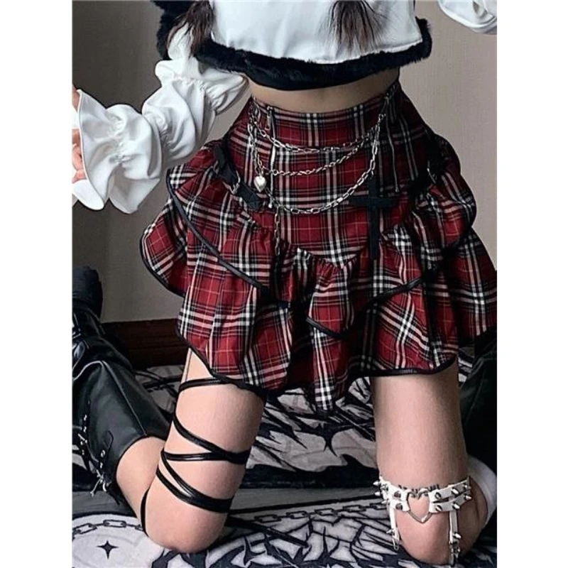 

Deeptown Gothic Plaid Skirt Women Vintage Y2k Grunge Red Ruffle Skirt Harajuku Punk High Waist Streetwear E-girl Short Skirts