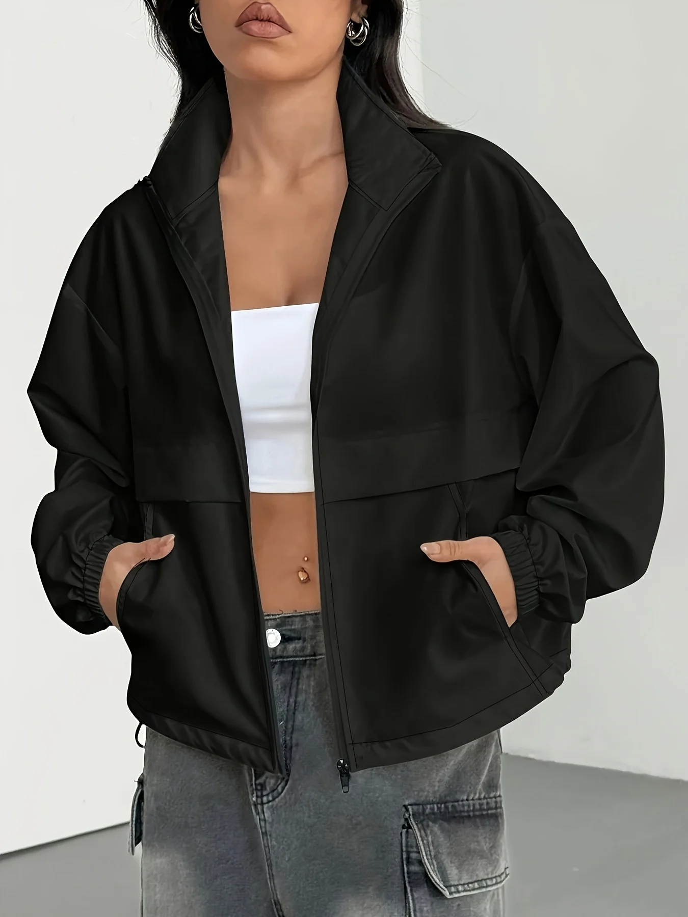 

Черная женская свободная тканая куртка с капюшоном, повседневная, удобная верхняя одежда для всех сезонов, черная