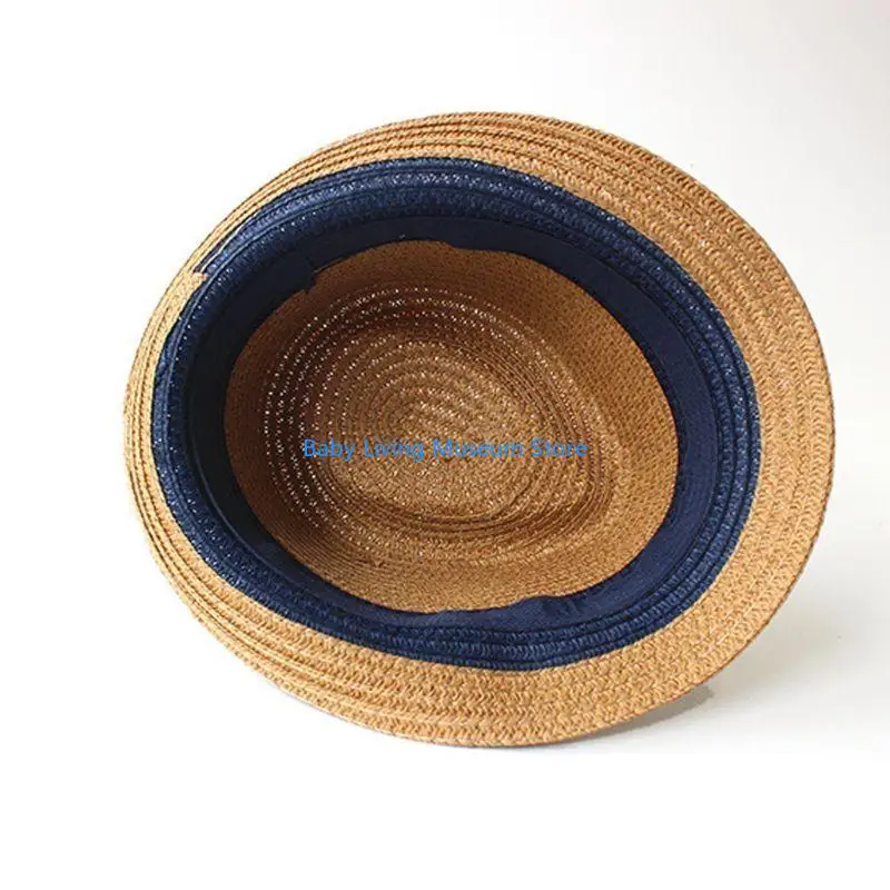 

P31C Kids Color Matching Straw Weaving Hat Simple Outdoor Sports Visor Hat for Kids Wide Brims Foldable Sunproof Bucket Hat