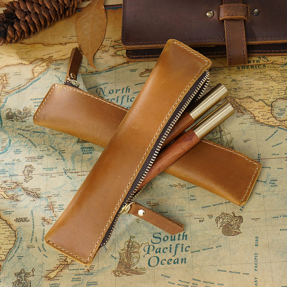 

Portable Genuine Leather Mini Pencilcase Pen Case Organizer Handmade Cowhide Stationery Holder Travel Office School Supplies