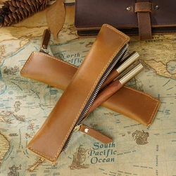 Portable Genuine Leather Mini Pencilcase Pen Case Organizer Handmade Cowhide Stationery Holder Travel Office School Supplies