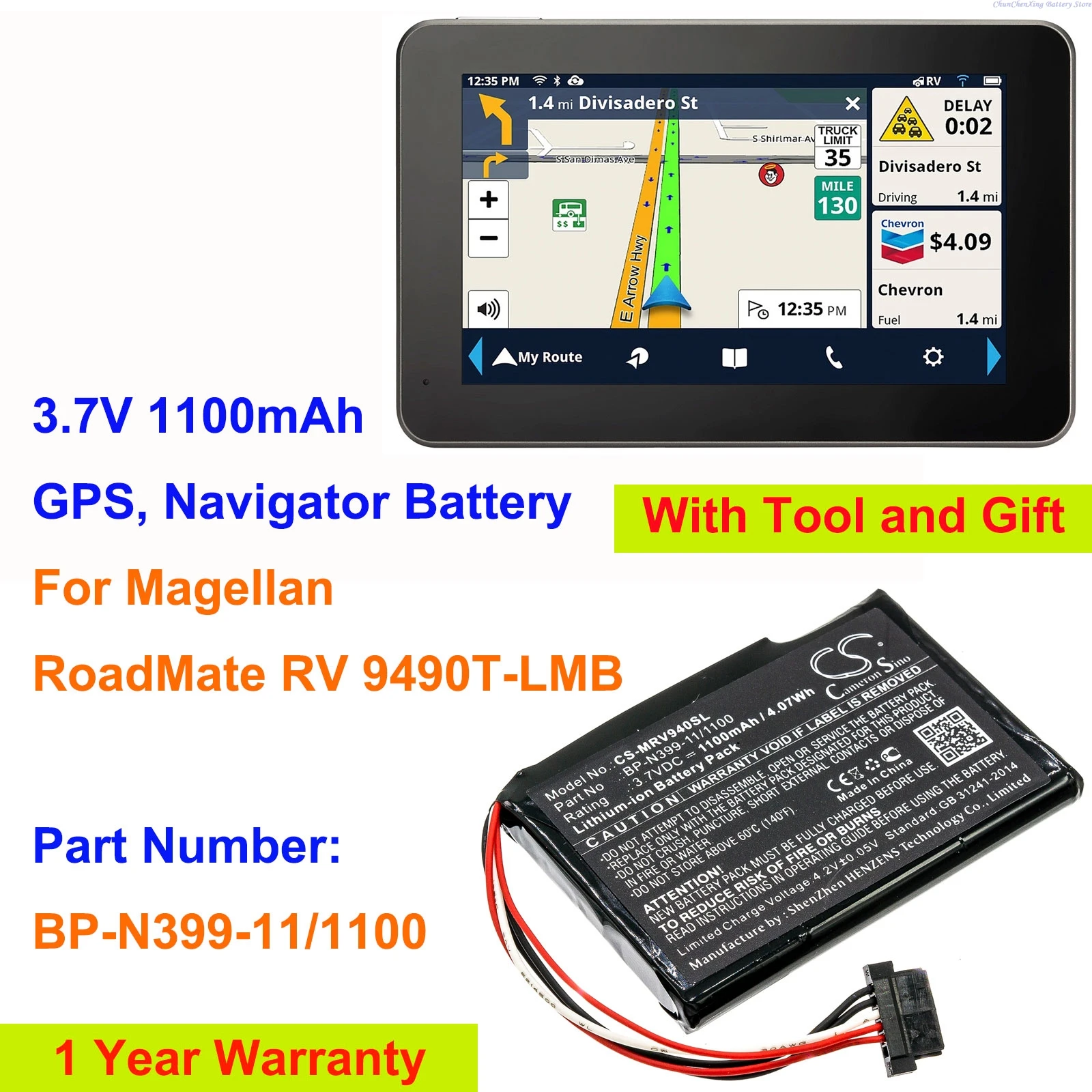 

Cameron Sino 3.7V 1100mAh GPS, Navigator Battery BP-N399-11/1100 for Magellan RoadMate RV 9490T-LMB +TOOL