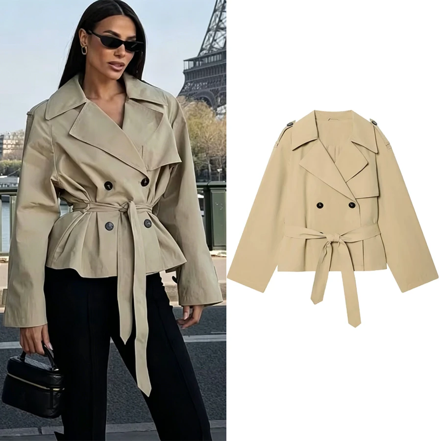 Damen Kurzer Trenchcoat für Urlaub und Freizeit, Doppelreihiger Mantel mit Gürtel, Modischer Frühling-Büromantel für Damen