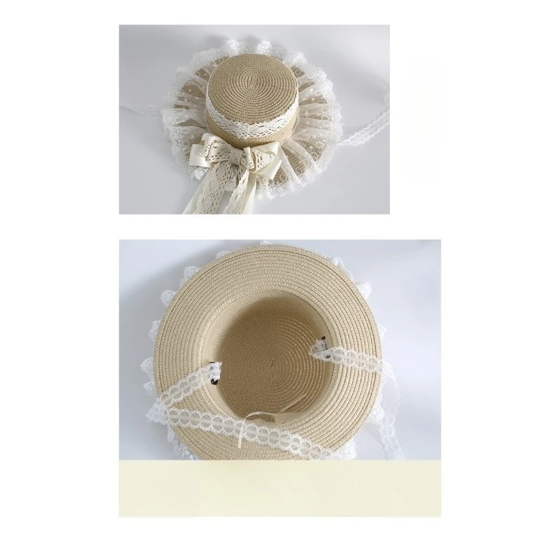 Cappello parasole stile foresta originale Cappello da campagna morbido per ragazza in erba Cappello di paglia galleggiante con fiocco in pizzo stile bambola